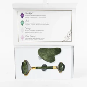 Set de rodillo facial y gua sha de jade natural presentado en estuche para ritual facial y masaje rejuvenecedor